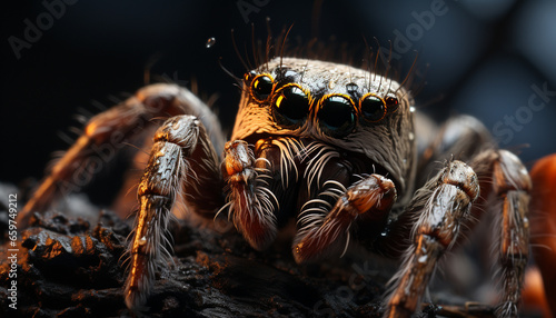 Spooky arachnid, hairy horror, poisonous fang, death in nature darkness generated by AI