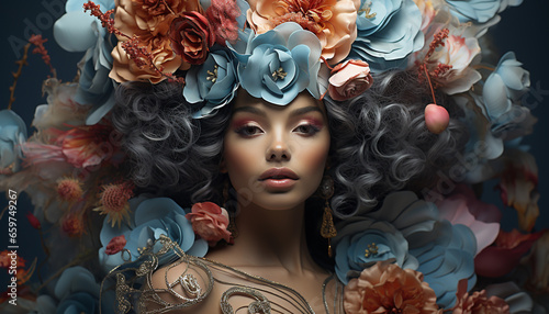 Beautiful fashion model with elegant hairstyle and floral decoration generated by AI
