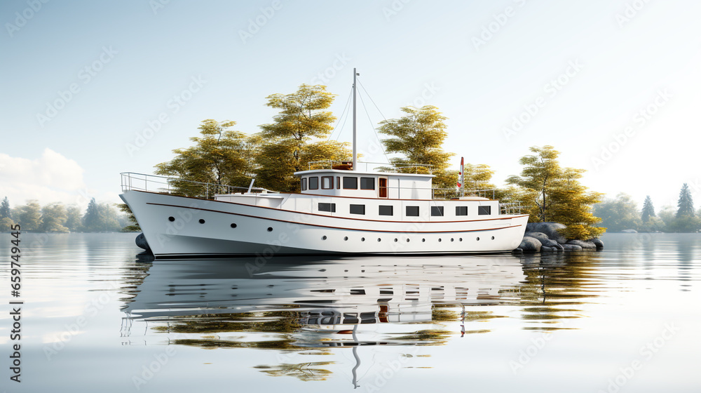 A minimalistic 3D illustration of a passenger ferry boat in water. Isolated on a white background A minimalistic 3D illustration of a passenger ferry boat in water. Isolated on a white background