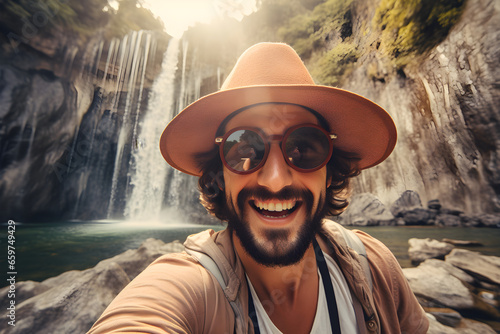 Handsome tourist visiting national park taking selfie picture in front of waterfall - Traveling life style concept with happy man wearing hat and sunglasses enjoying freedom