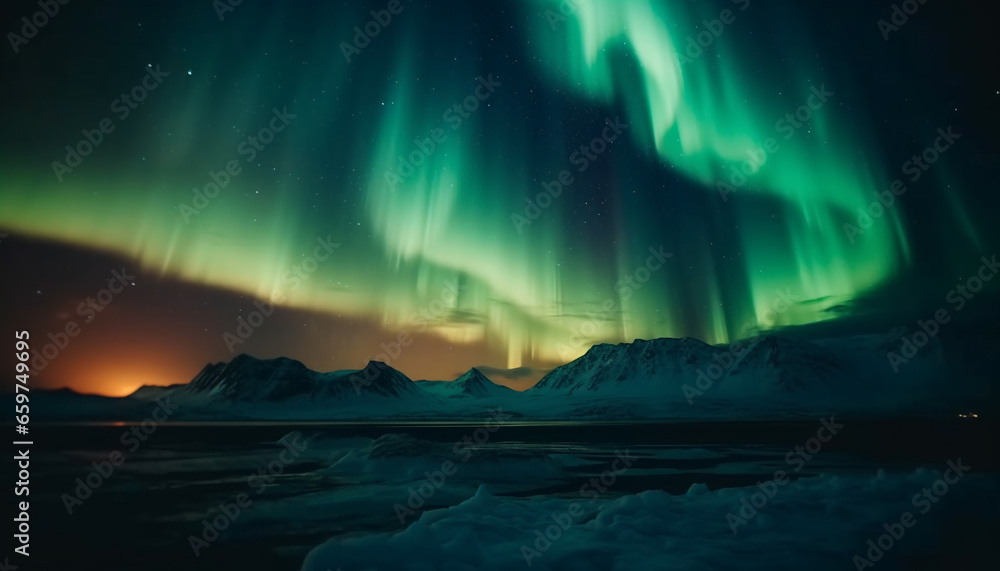 Arctic night illuminated by majestic aurora, a winter adventure awaits generated by AI Arctic night illuminated by majestic aurora, a winter adventure awaits generated by AI