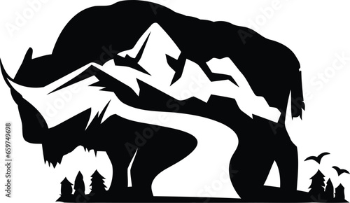 American bison and mountain - hunting design. Buffalo icon. Vector illustration.