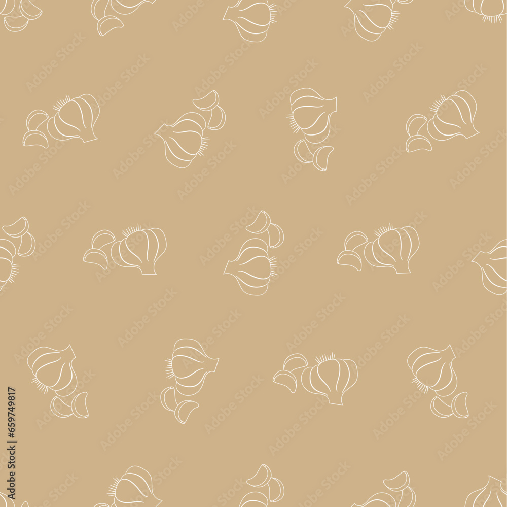 Garlic line art seamless pattern. Suitable for backgrounds, wallpapers, fabrics, textiles, wrapping papers, printed materials, and many more.