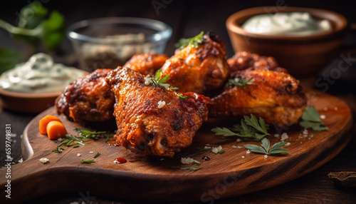 Grilled buffalo chicken wings with savory sauce and crunchy vegetables generated by AI