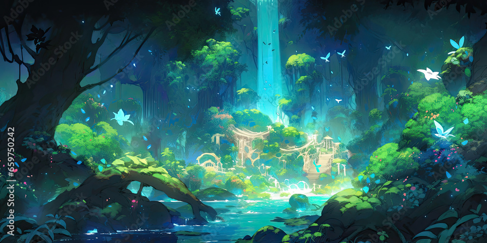 Fototapeta premium Anime fantasy magical forest background backdrop vibrant, generated ai