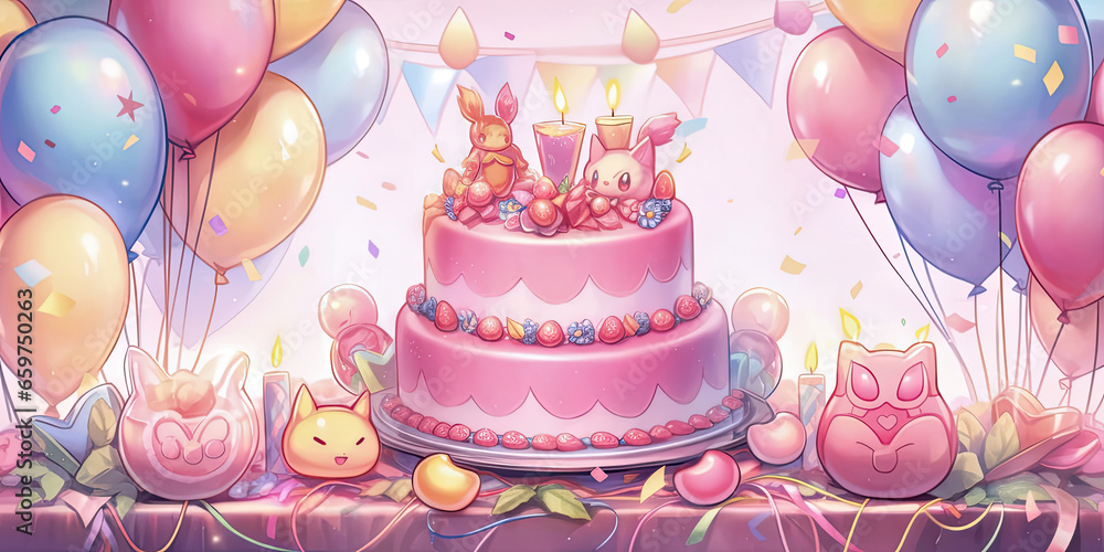 Anime pink Birthday cake celebration background banner, generated ai