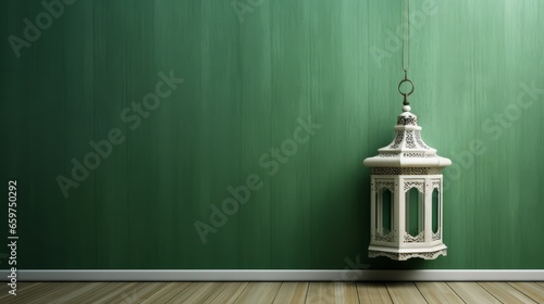 festive eidulfitri traditional white lamp on green wooden background photo