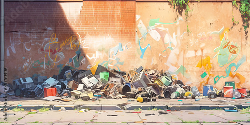 Fotografia Anime urban city wall street junk rubbish mess, generated ai