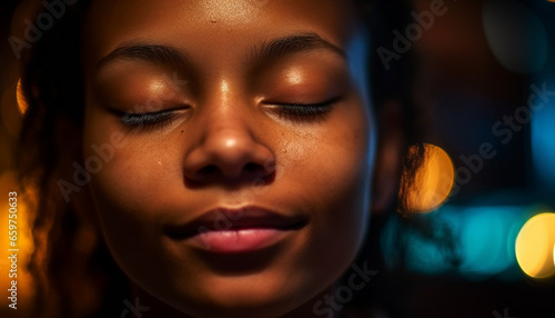 African beauty glowing with happiness, enjoying serene night outdoors generated by AI
