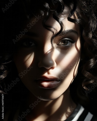 A stunning portrait of woman with wild, curly hair and an ethereal beauty, her eyes accentuated by long lashes, lips outlined in deep red lipstick, eyebrows subtly defining her mysterious expression © Envision
