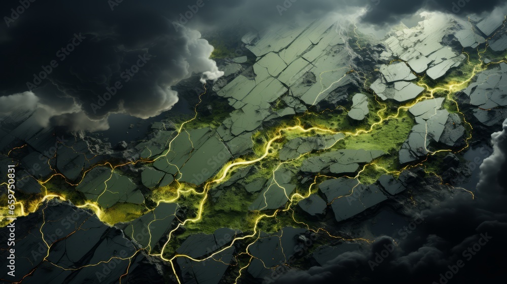 Fototapeta premium The sky was a tumultuous swirl of dark clouds, crashing down onto the winding river below, with jagged rocks jutting up into its tumultuous landscape like a map of nature's wildness