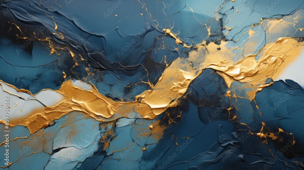 An abstract map of vibrant blues and shining golds painted on a surface evokes a sense of creative exploration and artistic expression