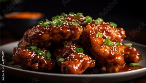 Grilled chicken wings with sesame honey sauce, a gourmet appetizer generated by AI