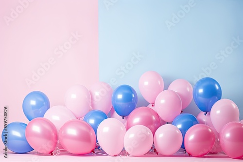 Playful party balloons in blue  pink  and white float against a pastel backdrop  perfect for celebration.