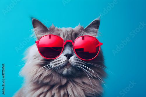 studio portrait of cat wearing sunglasses isolated on blue background