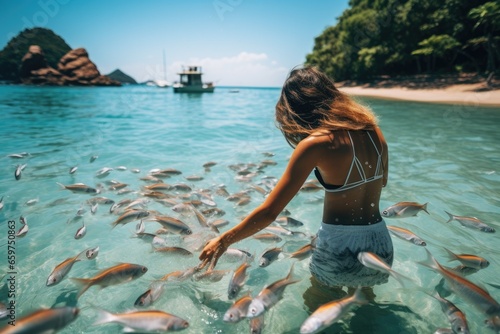 A woman tourist feeds a little tropical sea fishes swimming in the sea of Thailand © Postproduction