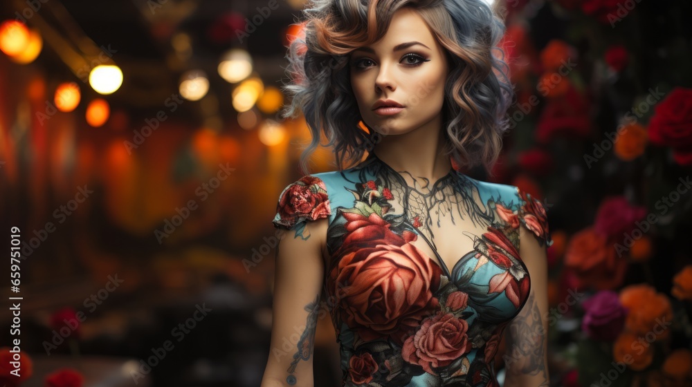 A vibrant woman with a daring sense of style, featuring a vibrant array of colorful hair and a stunning tattoo of roses, captures the essence of beauty and freedom A vibrant woman with a daring sense of style, featuring a vibrant array of colorful hair and a stunning tattoo of roses, captures the essence of beauty and freedom