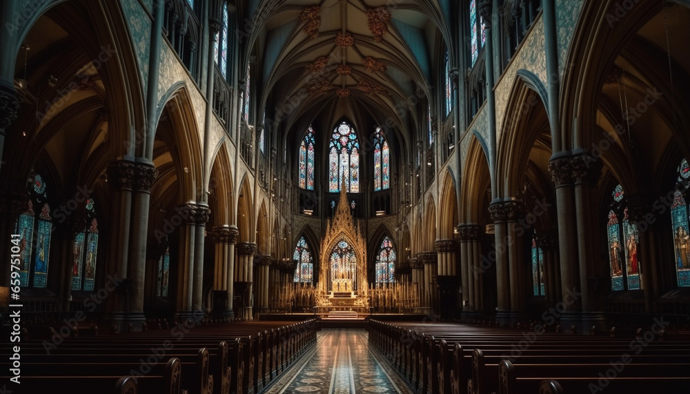 Inside the majestic Gothic style basilica, illuminated stained glass windows illuminate history generated by AI
