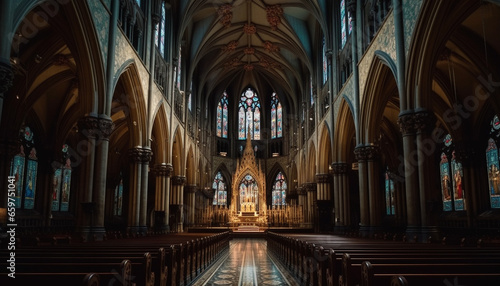 Inside the majestic Gothic style basilica  illuminated stained glass windows illuminate history generated by AI