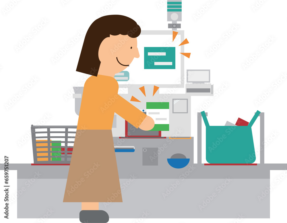セルフレジでスキャン作業中の女性のイメージイラスト セルフレジでスキャン作業中の女性のイメージイラスト