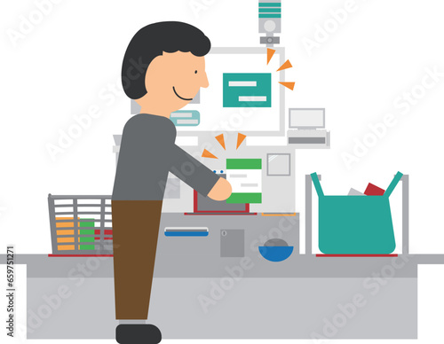 セルフレジでスキャン作業中の男性のイメージイラスト