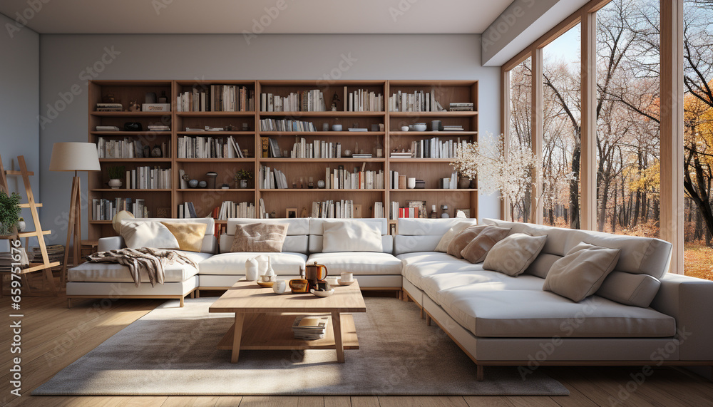 Comfortable sofa in a modern living room with elegant decoration generated by AI Comfortable sofa in a modern living room with elegant decoration generated by AI