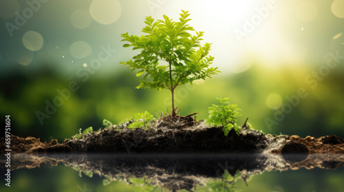 Green seedling growing in a thriving ecosystem