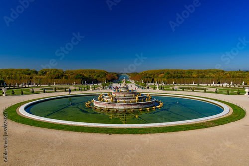 Latona Fountain, between the Chateau de Versailles and the Grand Canal, in the Gardens of Versailles in Paris, France