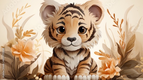 A whimsical cartoon of a curious tiger cub exploring a lush flower garden captures the beauty and innocence of childhood