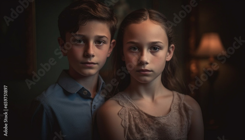 Two cute boys and their sister smiling in a studio shot generated by AI