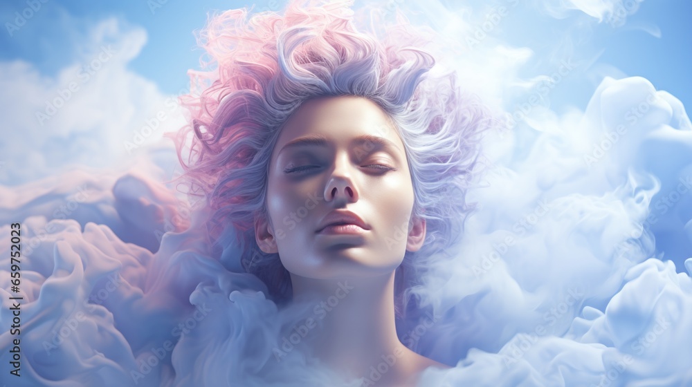 A vibrant portrait of a woman with an explosion of pink and purple hair set against the backdrop of a vast sky, symbolizing the limitless potential of a free spirit