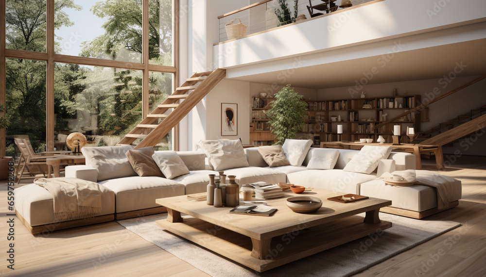 Comfortable modern living room with elegant decor and hardwood flooring generated by AI Comfortable modern living room with elegant decor and hardwood flooring generated by AI