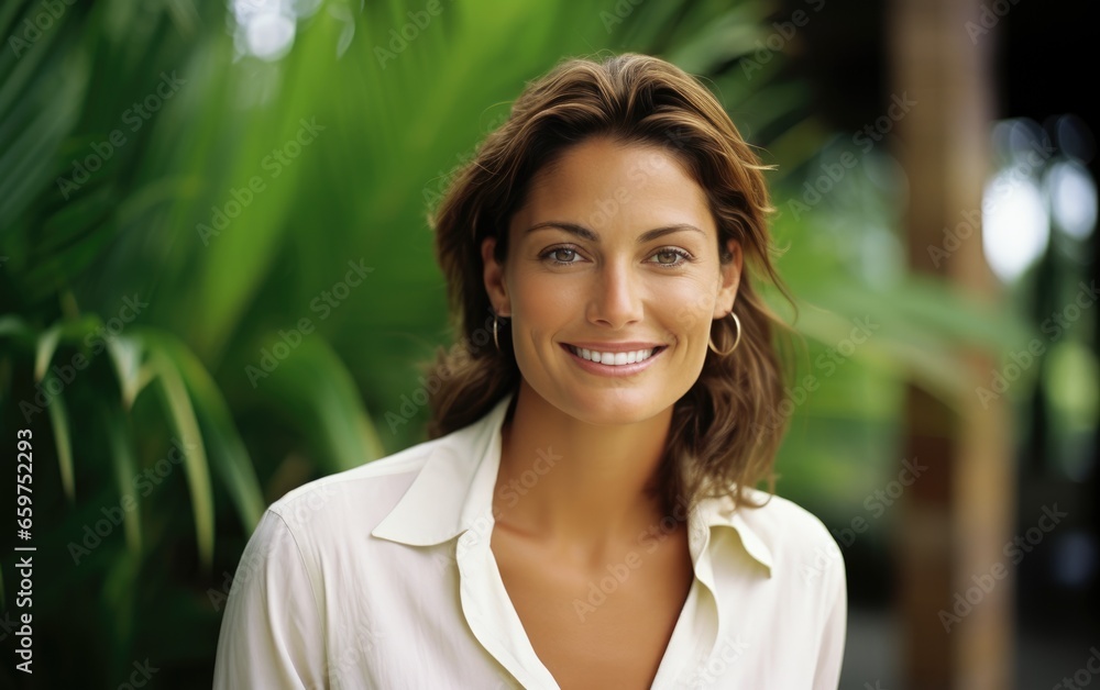 Fototapeta premium A smiling business woman standing against tropical background