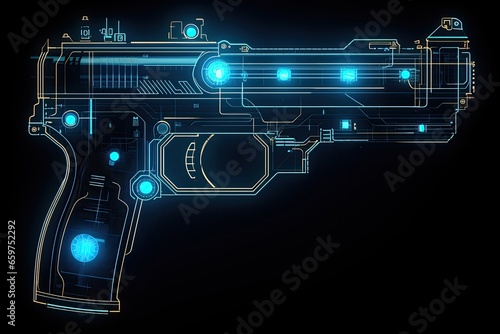 A striking fusion of form and function, this abstract firearm embodies the future of weaponry. Geometric precision and high-tech circuits converge to create a vision of military might. © Postproduction