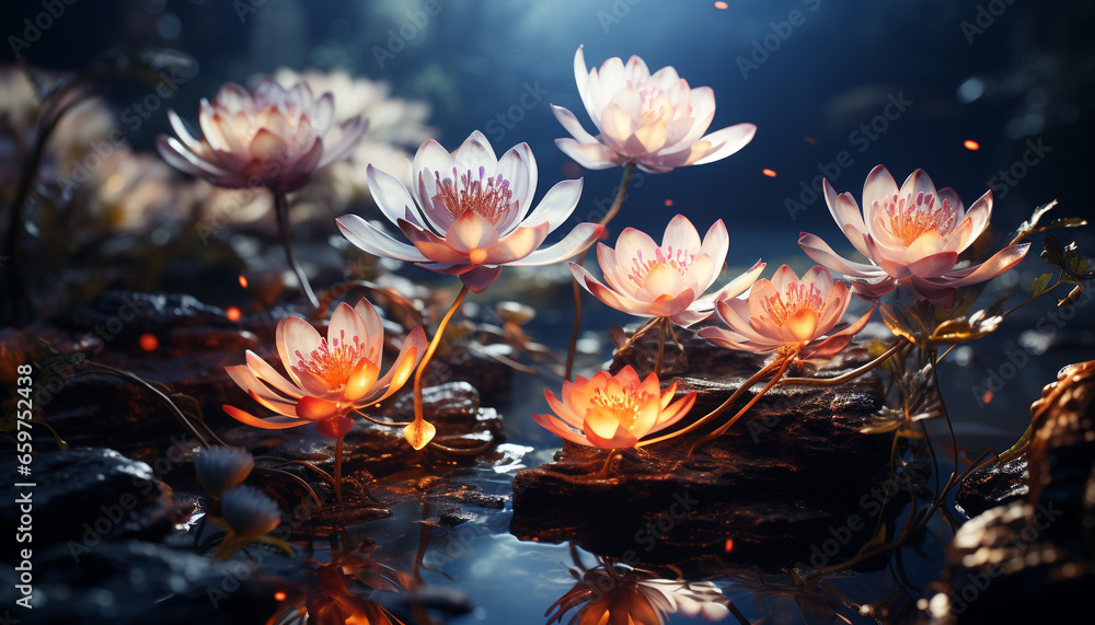 Tranquil scene of vibrant lotus water lily in a formal garden generated by AI