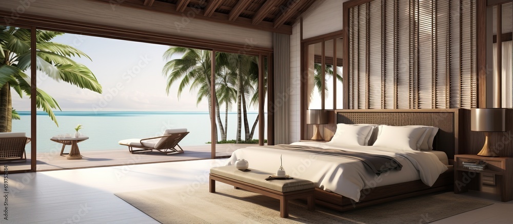 Naklejka premium Luxury tropical bedroom suite depicted in at a resort hotel