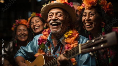 A vibrant group of people dressed in colorful clothing strumming a guitar in harmony, joyfully creating an atmosphere of music and entertainment outdoors at a festival