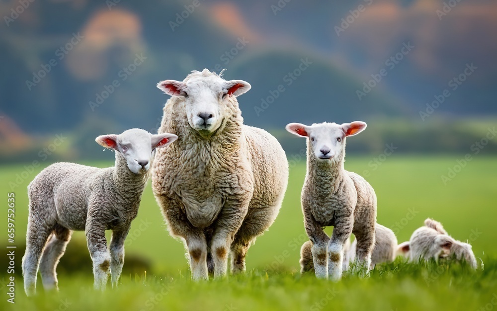 Naklejka premium Sheep and lambs on nature environment grass
