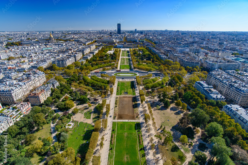 Aerial view of Champ de Mars Park from Eiffel Tower, Paris, France, Europe - obrazy, fototapety, plakaty 