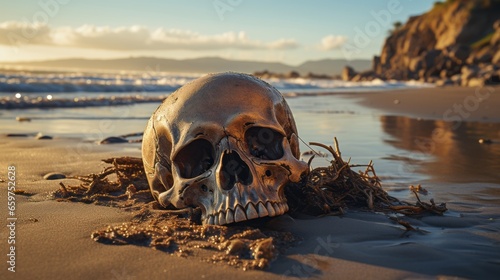 A sunset sky bathes the beach in golden light, where a mysterious skull rests atop a rock, its presence creating a feeling of stillness in the wild ocean air