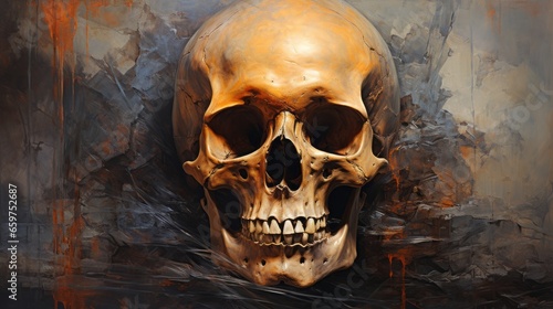 A haunting painting of a skull suspended on a weathered wall captures the fragile mortality of the human experience