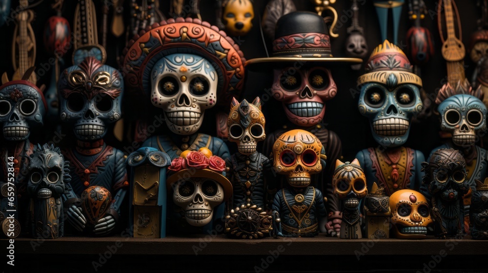 A kaleidoscope of painted masks adorns the shelf, the grinning skulls a haunting reminder of life's fleeting beauty