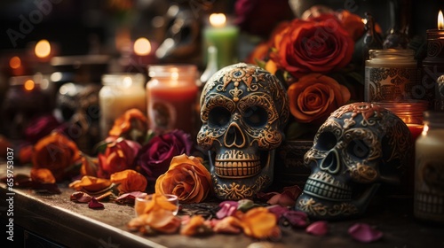 A single candle casts an eerie light on the mysterious table adorned with a skull and vibrant roses, evoking a halloween-inspired ambiance within the enclosed space
