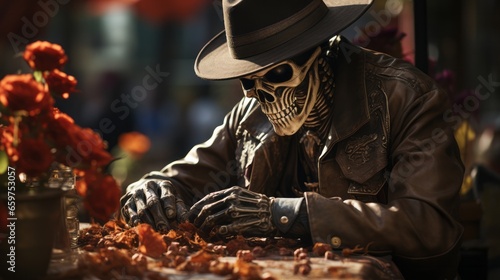 A mysterious figure wearing a striking skeleton-patterned outfit stands in the street surrounded by lush greenery, evoking a sense of mysteriousness and wonder