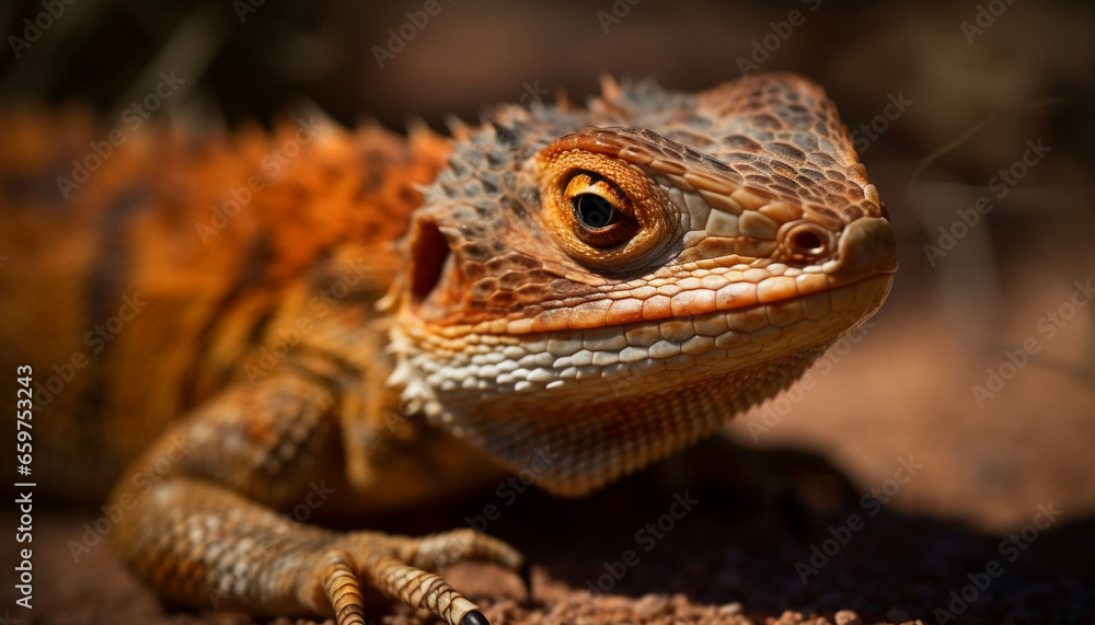 Multi colored iguana crawls on branch, its scales in focus generated by AI Multi colored iguana crawls on branch, its scales in focus generated by AI