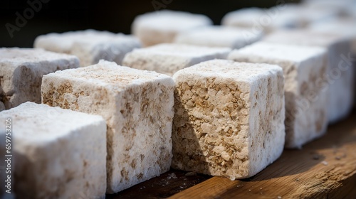 This picture captures the warm and rustic charm of an outdoor cheesemaking scene, as a group of cubes of white and brown sugar add a touch of sweetness to the mix of fresh dairy and ground food