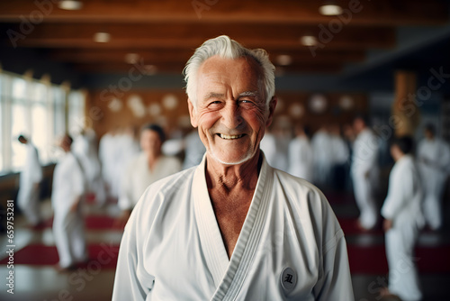Portrait of happy senior retired man at karate course