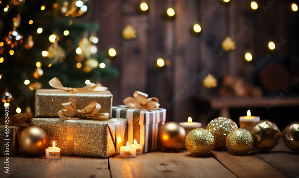 An enchanting Christmas setting with gold ornaments and Christmas balls gracefully arranged on a rustic wooden table An enchanting Christmas setting with gold ornaments and Christmas balls gracefully arranged on a rustic wooden table