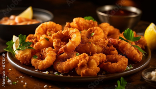 A gourmet seafood appetizer deep fried prawn scampi with lemon dip generated by AI