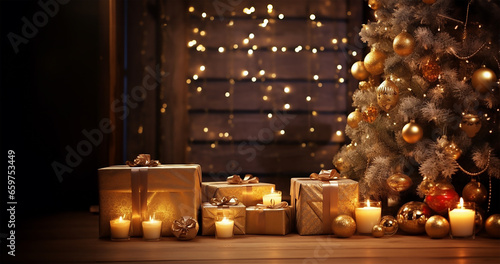 An enchanting Christmas setting with gold ornaments and Christmas balls gracefully arranged on a rustic wooden table